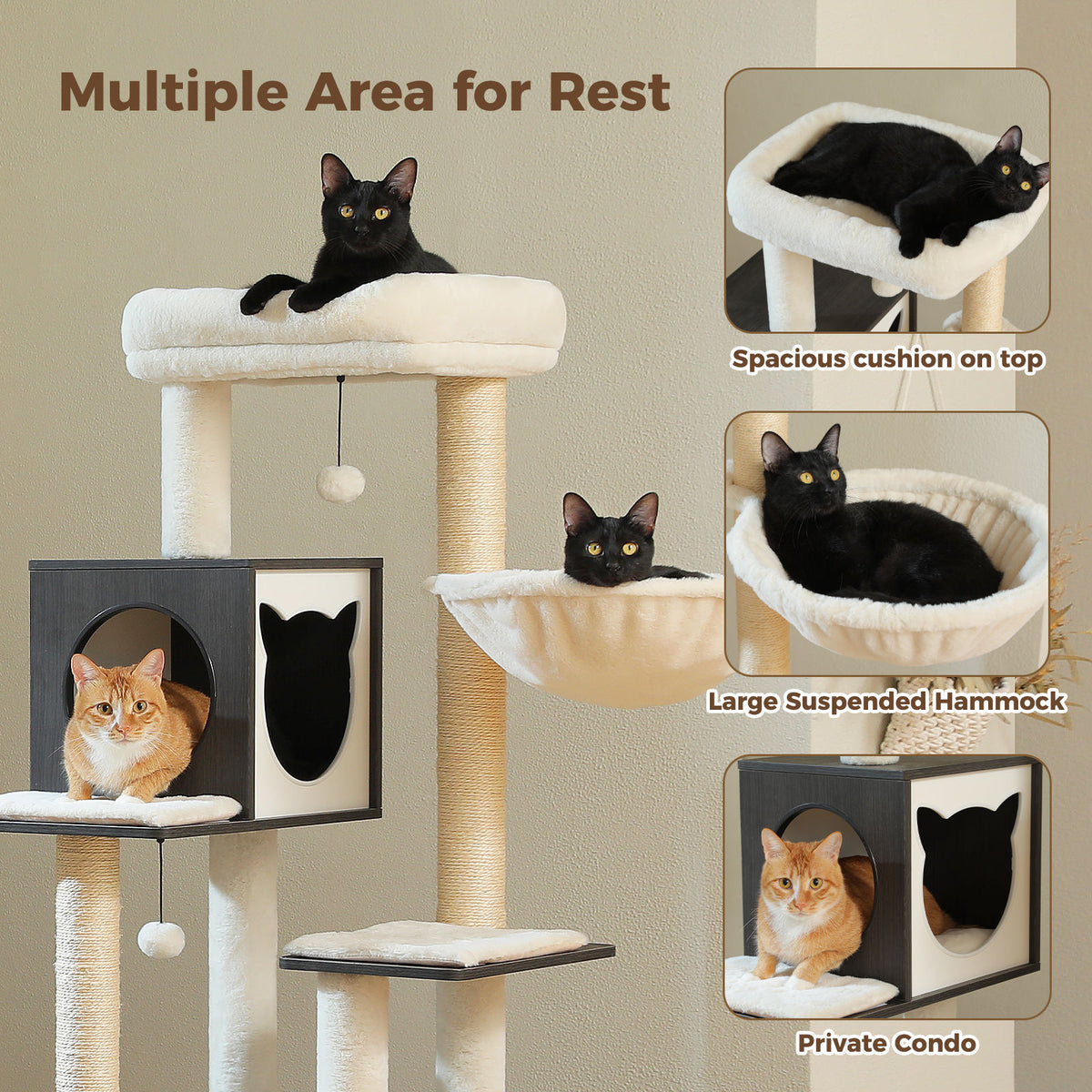 Wood Cat Tree with Litter Box Enclosure – Black & White — detail 6