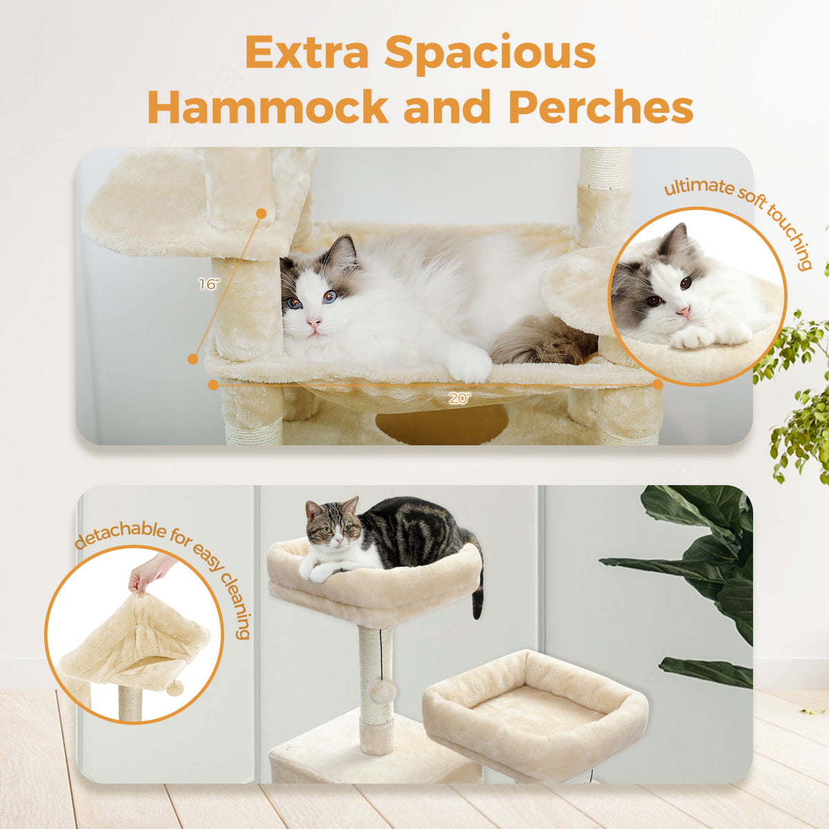 Tall Cat Tree with Dual Condos and Large Hammock – Beige — detail 2