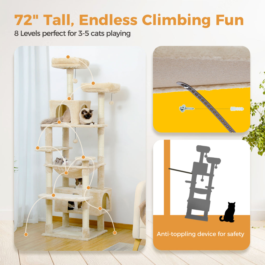 Tall Cat Tree with Dual Condos and Large Hammock – Beige — detail 3