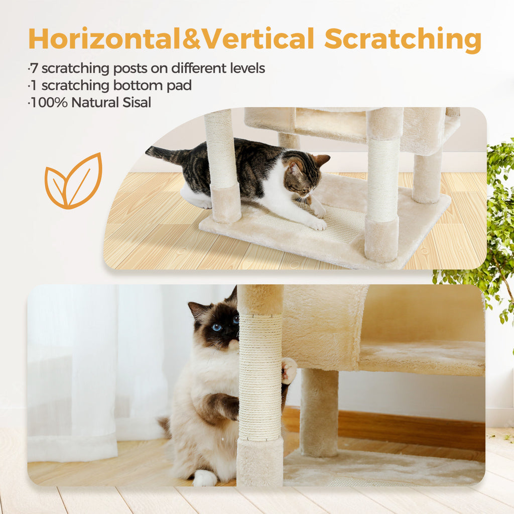 Tall Cat Tree with Dual Condos and Large Hammock – Beige — detail 4