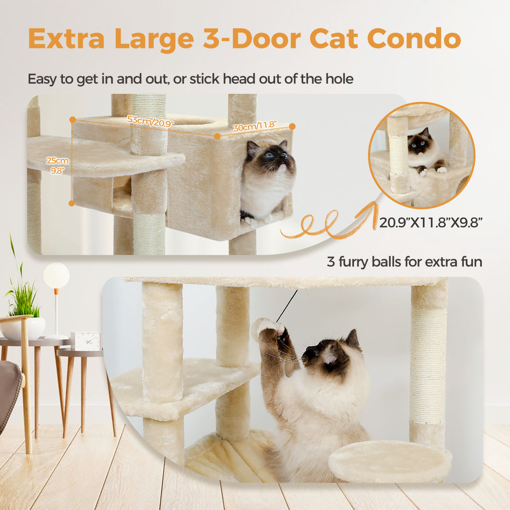 Tall Cat Tree with Dual Condos and Large Hammock – Beige — detail 5