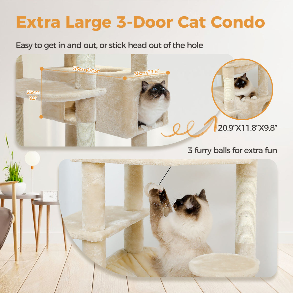 Tall Cat Tree with Dual Condos and Large Hammock – Beige — detail 5
