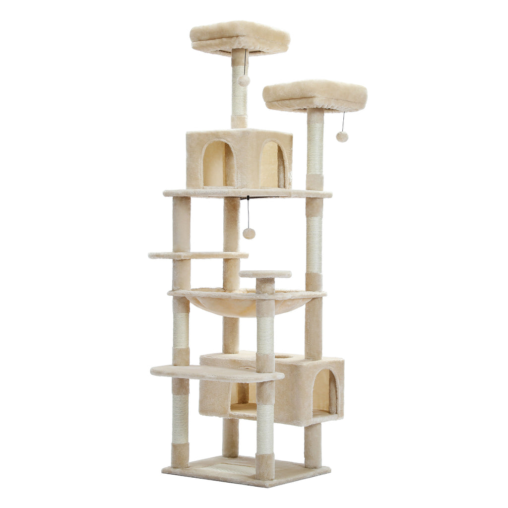 Tall Cat Tree with Dual Condos and Large Hammock – Beige — detail 6
