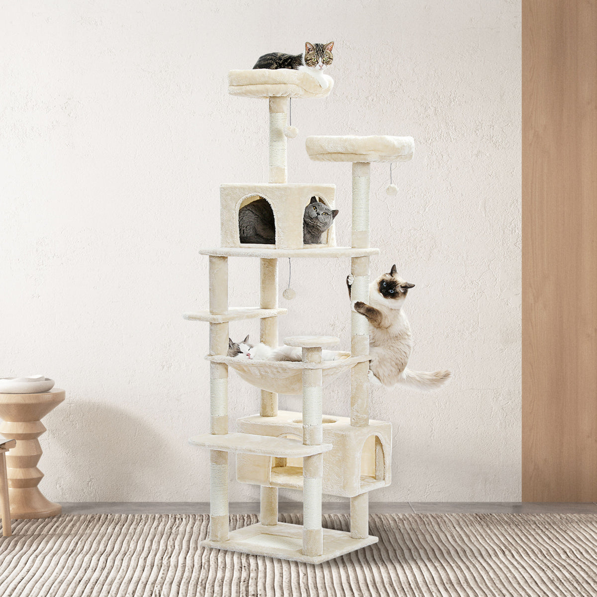 Tall Cat Tree with Dual Condos and Large Hammock – Beige — detail 7