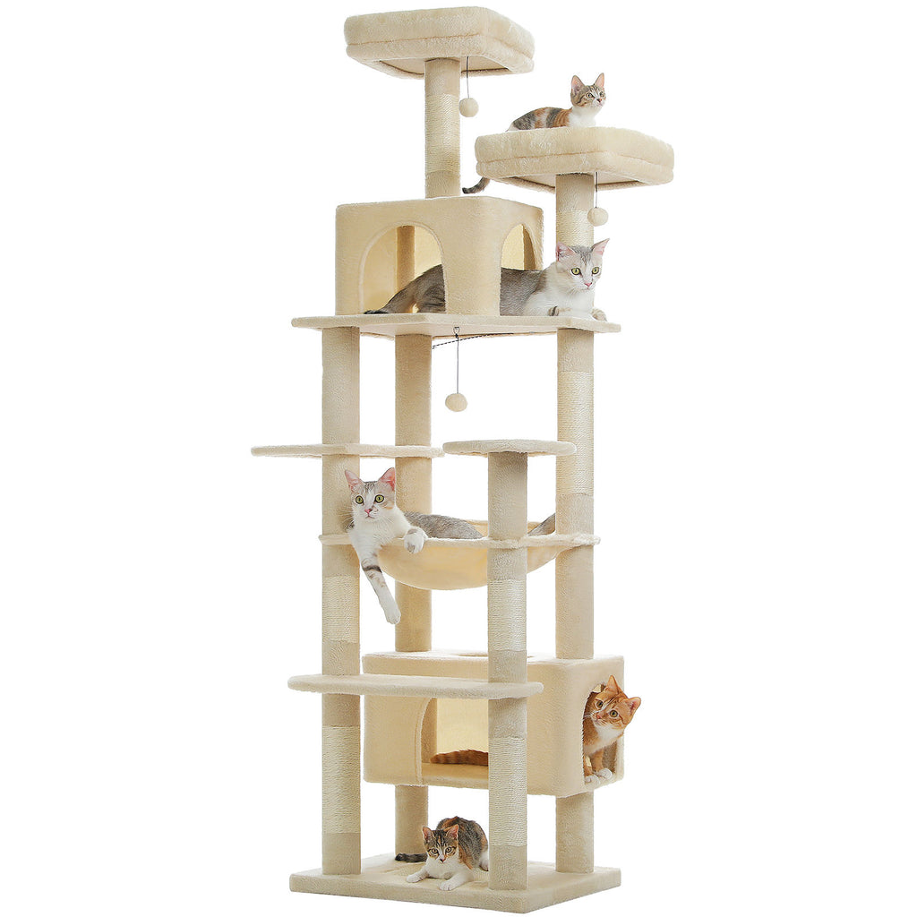 XL Tall Cat Tree with Dual Condos and Large Hammock – Beige — product view