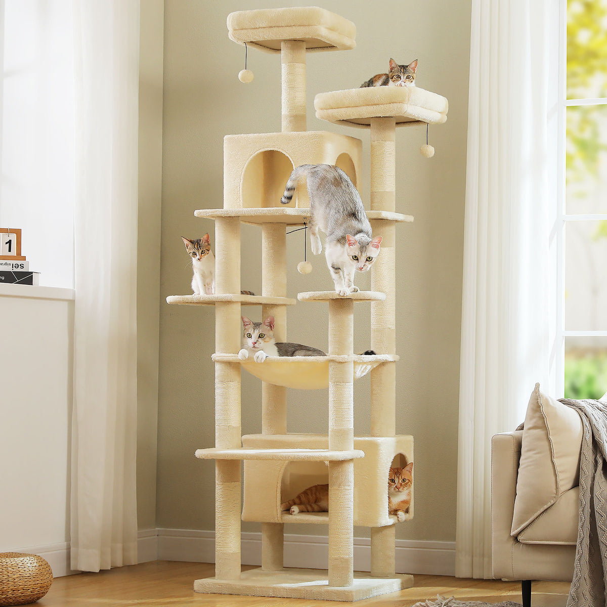 XL Tall Cat Tree with Dual Condos and Large Hammock – Beige — detail 2