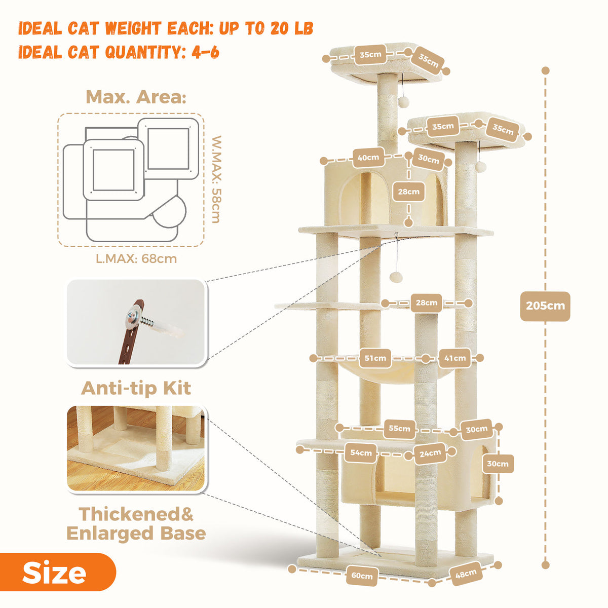XL Tall Cat Tree with Dual Condos and Large Hammock – Beige — detail 3