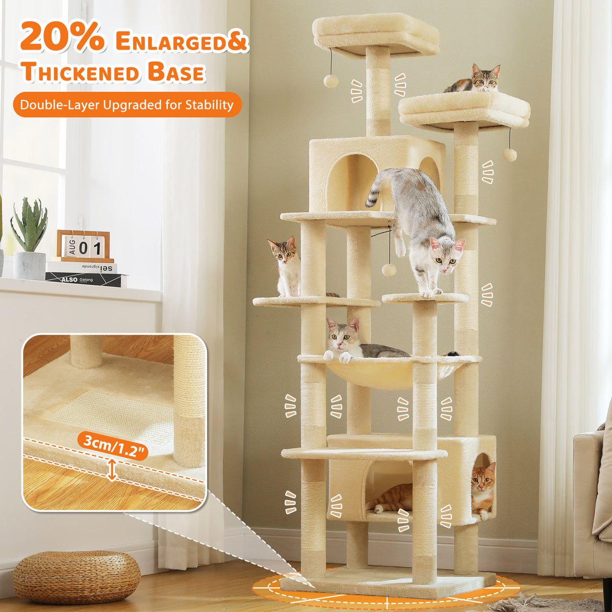 XL Tall Cat Tree with Dual Condos and Large Hammock – Beige — detail 4