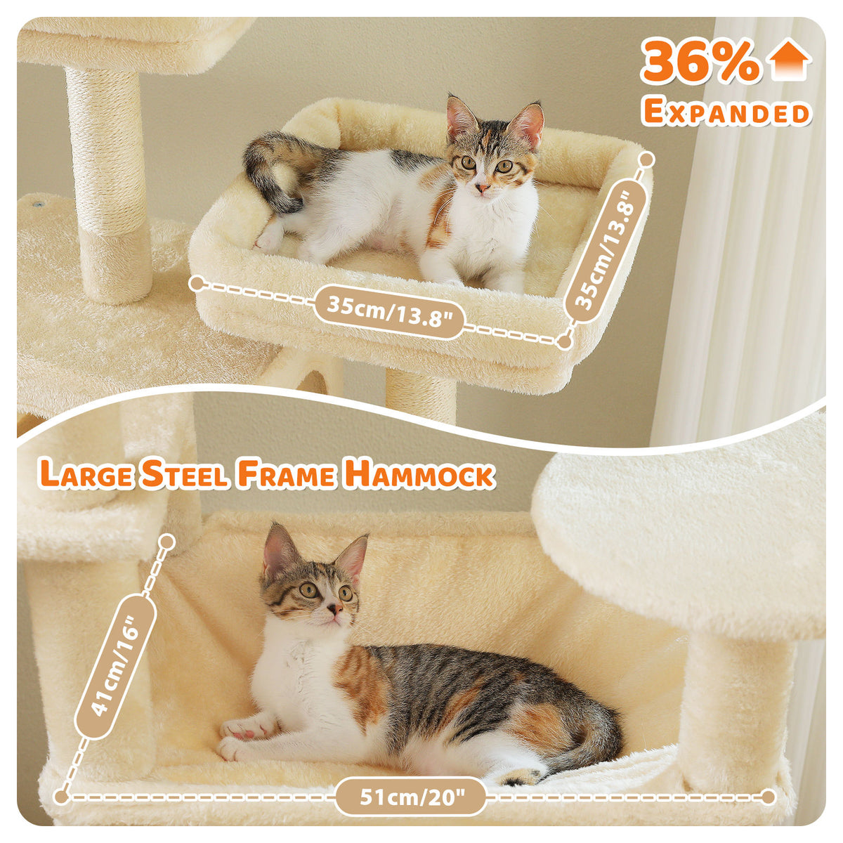XL Tall Cat Tree with Dual Condos and Large Hammock – Beige — detail 5