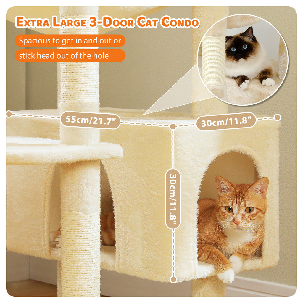 XL Tall Cat Tree with Dual Condos and Large Hammock – Beige — detail 6