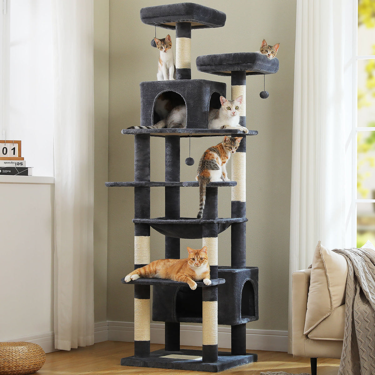 XL Tall Cat Tree with Dual Condos and Large Hammock – Dark Grey — detail 2