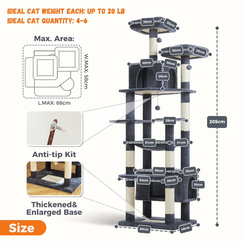 XL Tall Cat Tree with Dual Condos and Large Hammock – Dark Grey — detail 3