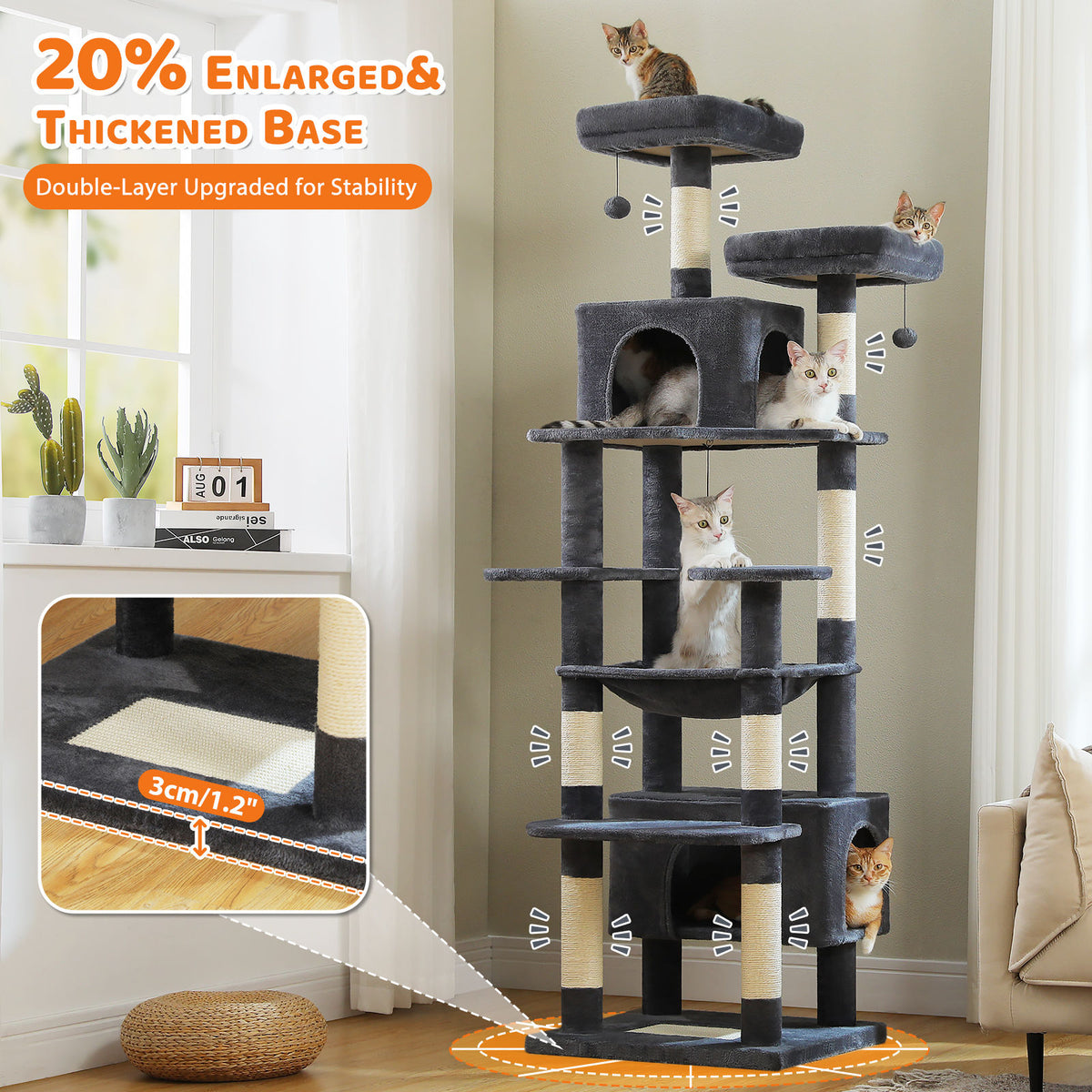 XL Tall Cat Tree with Dual Condos and Large Hammock – Dark Grey — detail 4