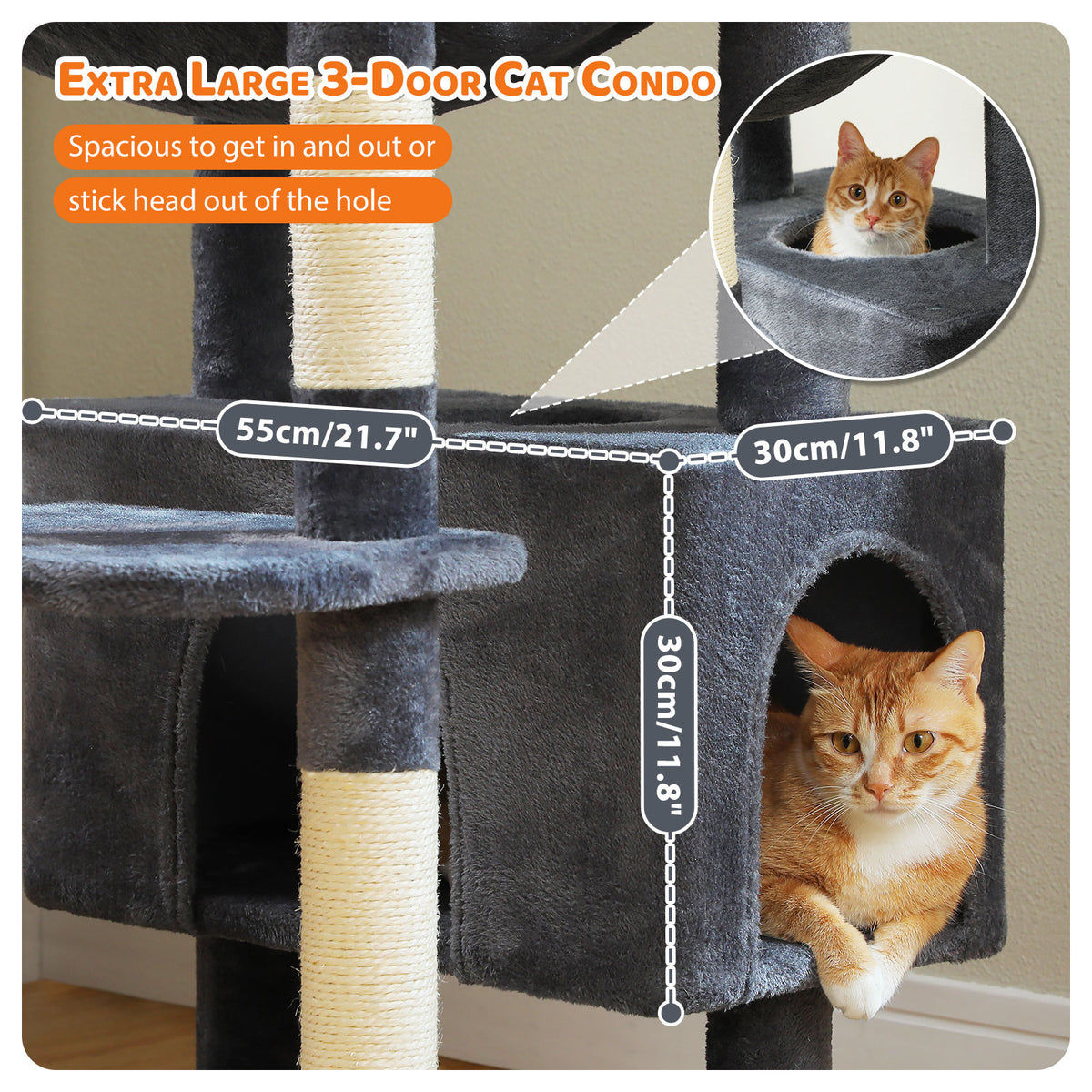 XL Tall Cat Tree with Dual Condos and Large Hammock – Dark Grey — detail 6