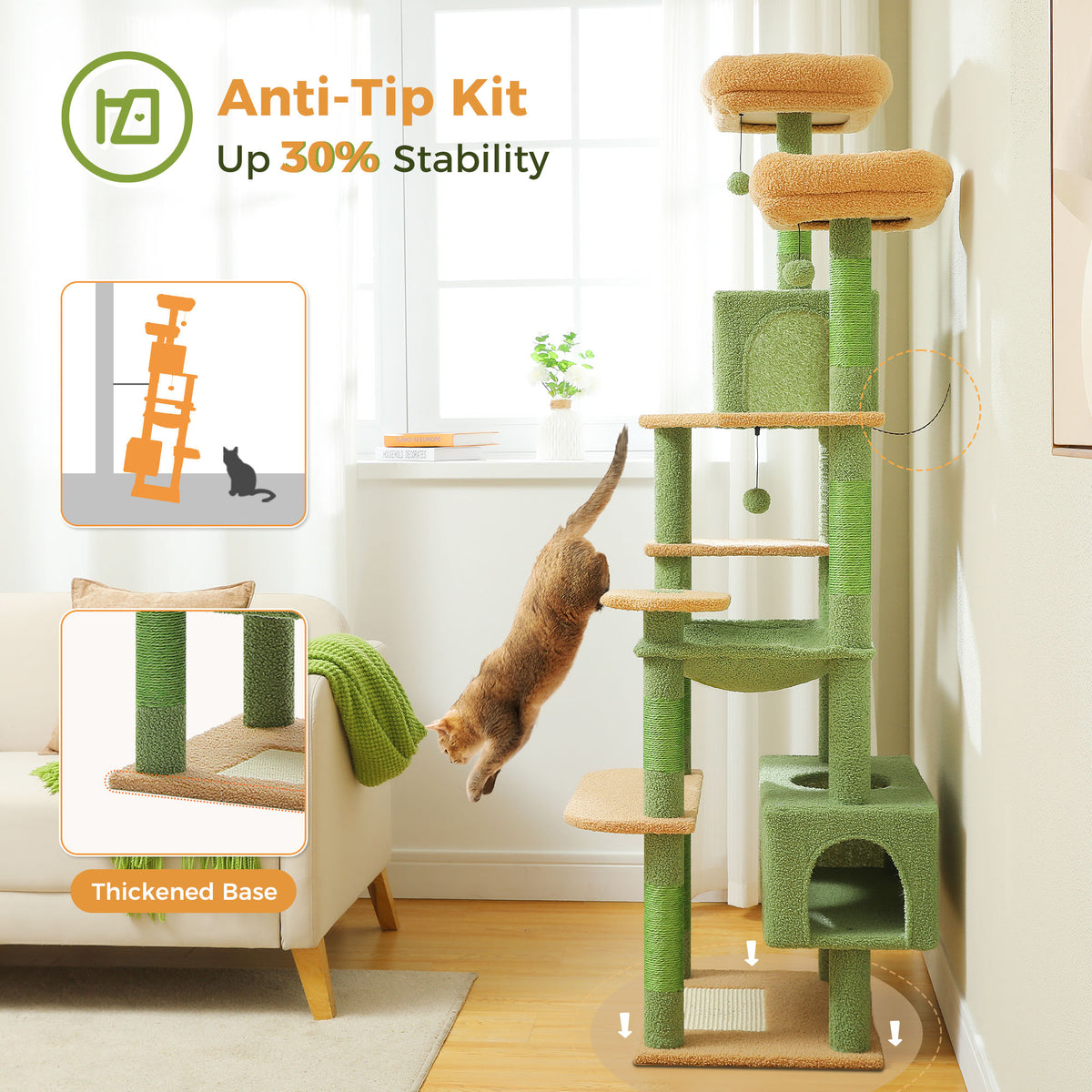 Tall Cat Tree with Dual Condos and Large Hammock – Green — product view
