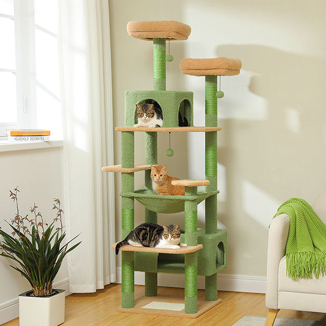 Tall Cat Tree with Dual Condos and Large Hammock – Green — detail 2