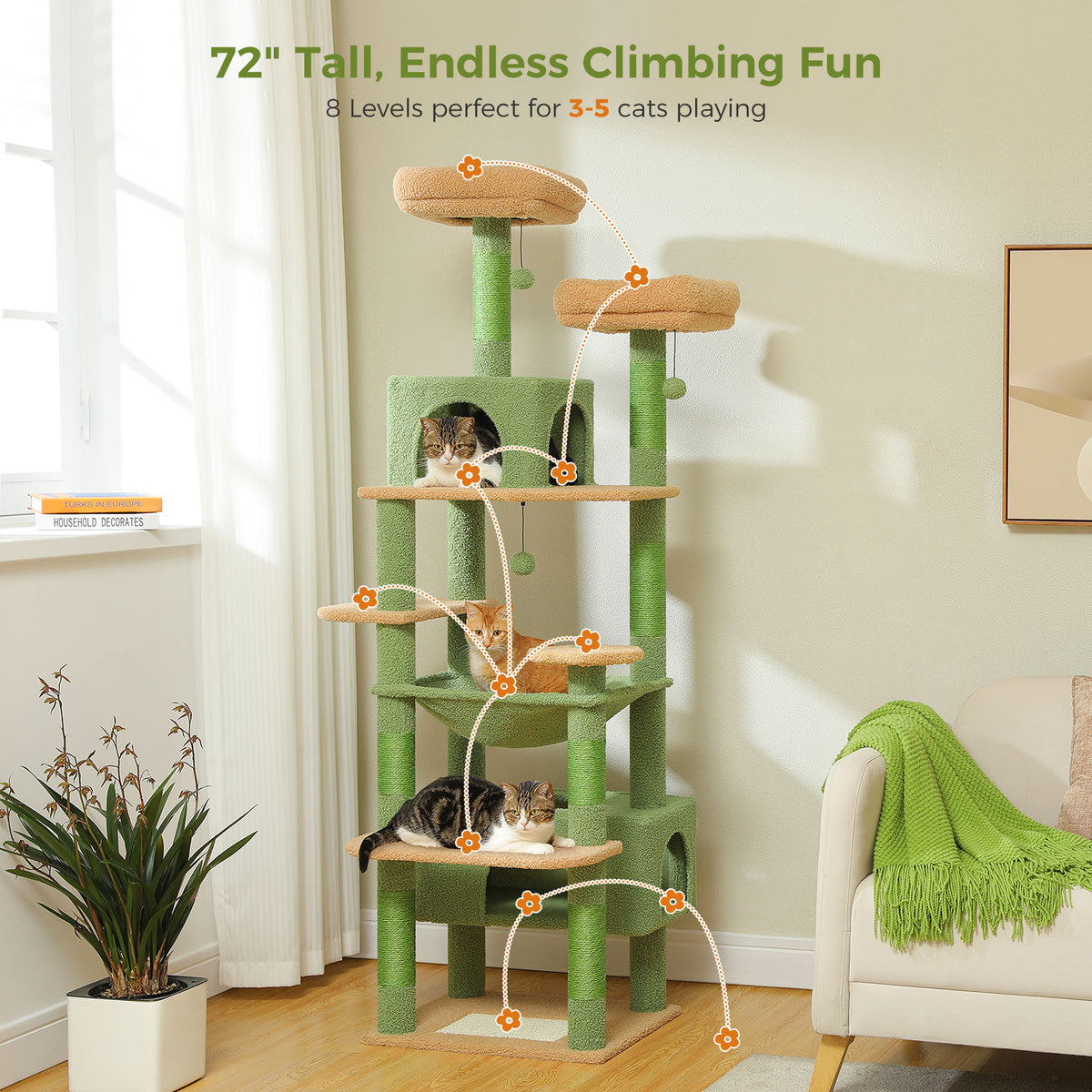 Tall Cat Tree with Dual Condos and Large Hammock – Green — detail 3
