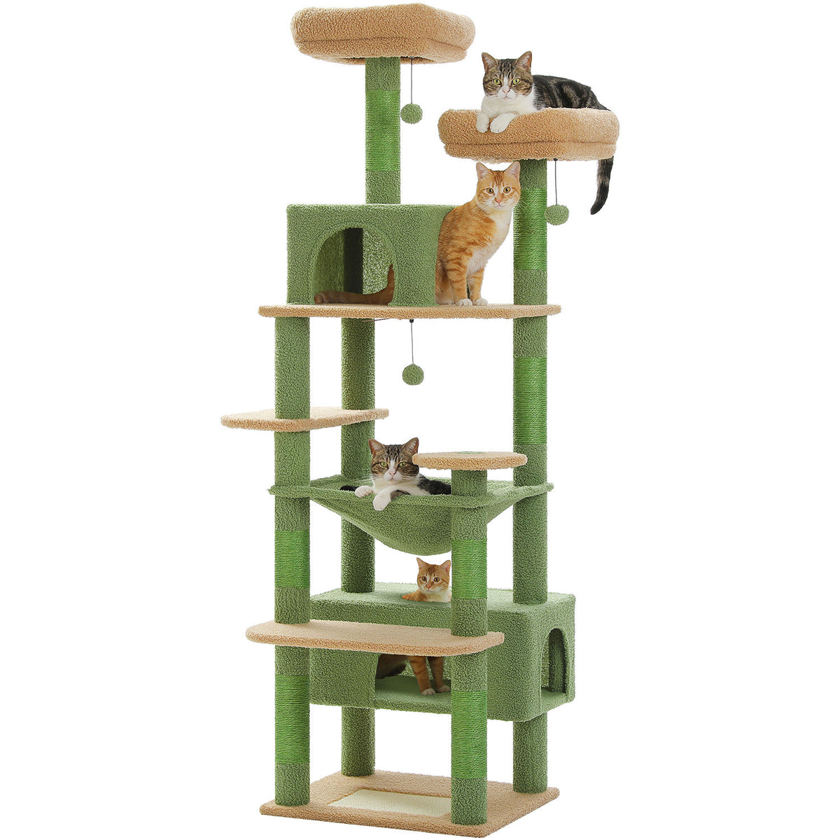 Tall Cat Tree with Dual Condos and Large Hammock – Green — detail 4