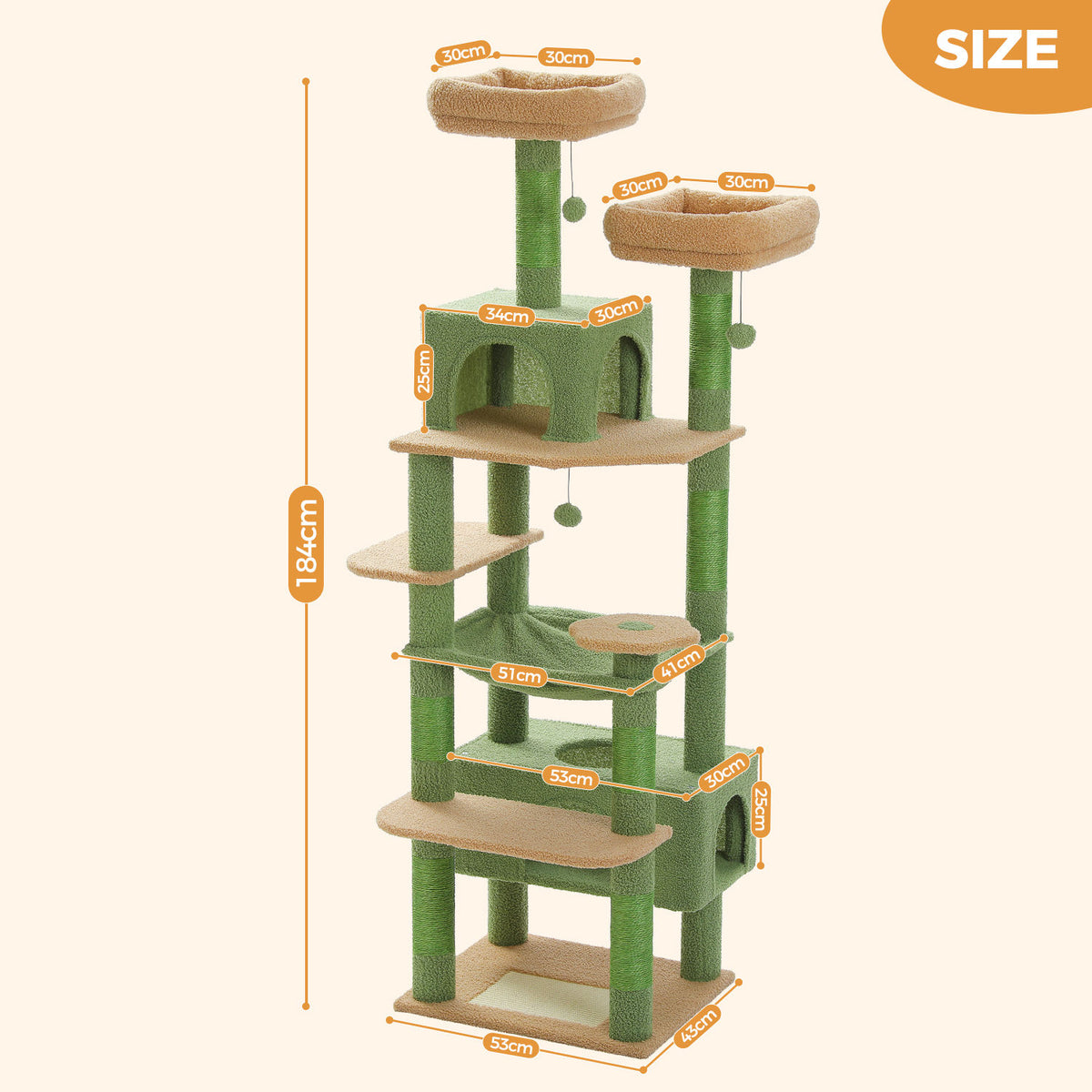 Tall Cat Tree with Dual Condos and Large Hammock – Green — detail 5