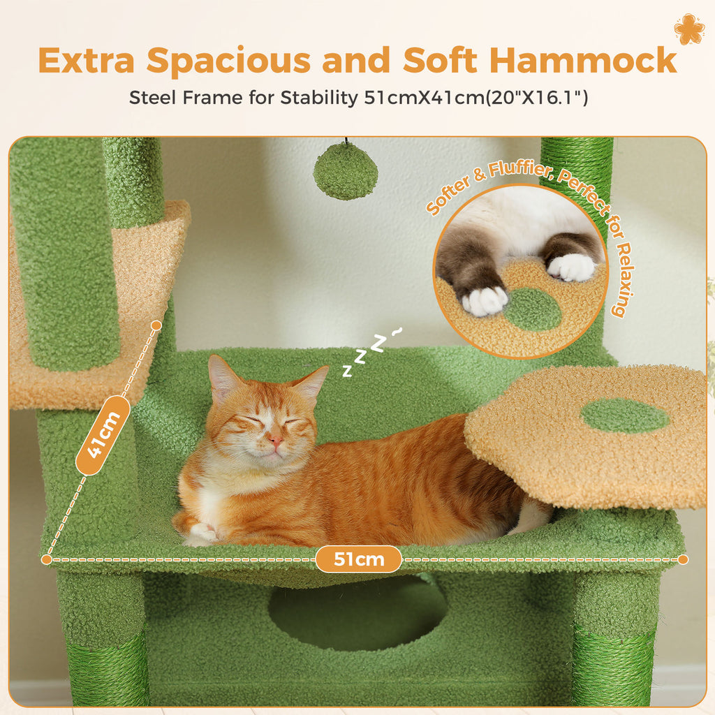 Tall Cat Tree with Dual Condos and Large Hammock – Green — detail 6