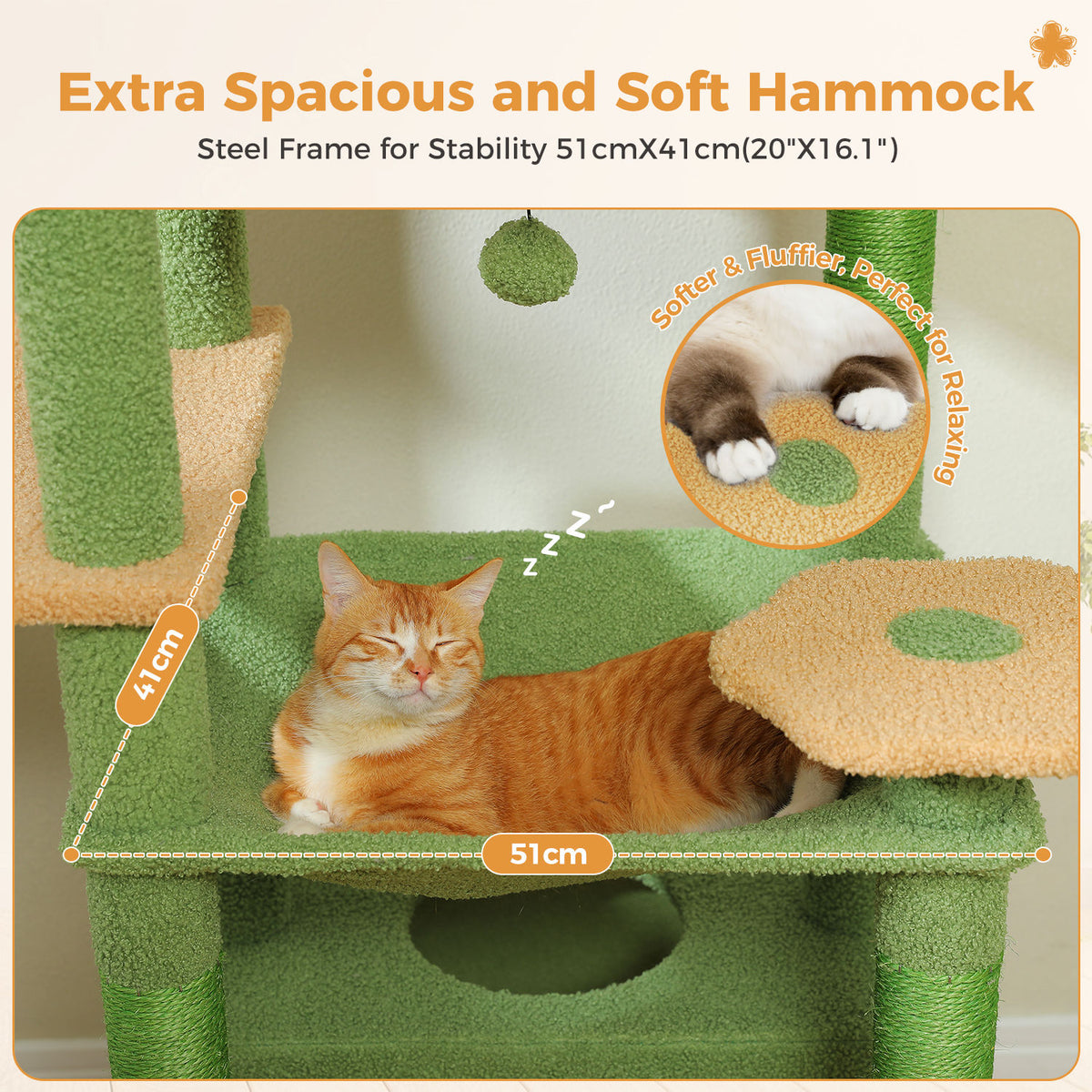 Tall Cat Tree with Dual Condos and Large Hammock – Green — detail 6