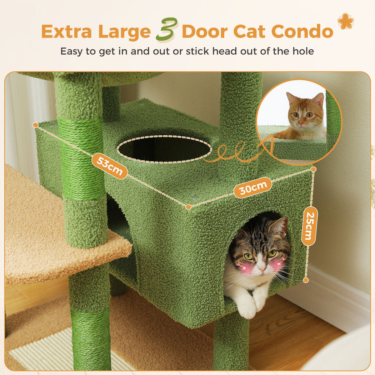 Tall Cat Tree with Dual Condos and Large Hammock – Green — detail 7
