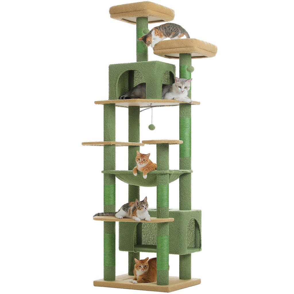 XL Tall Cat Tree with Dual Condos and Large Hammock – Green — product view
