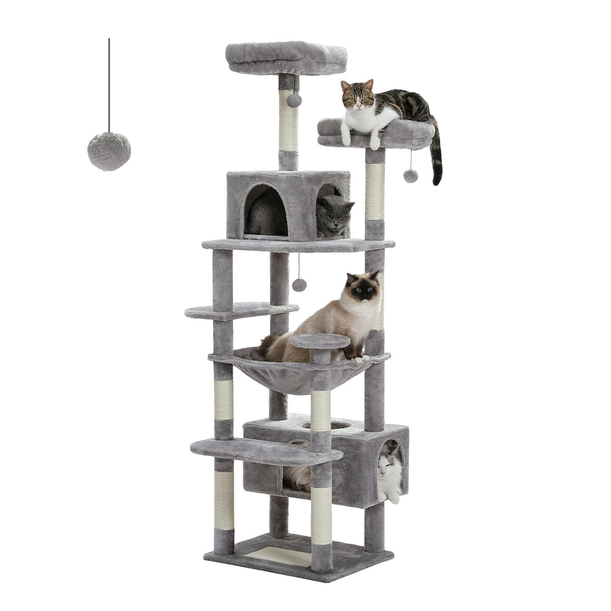 Tall Cat Tree with Dual Condos and Large Hammock – Grey — product view