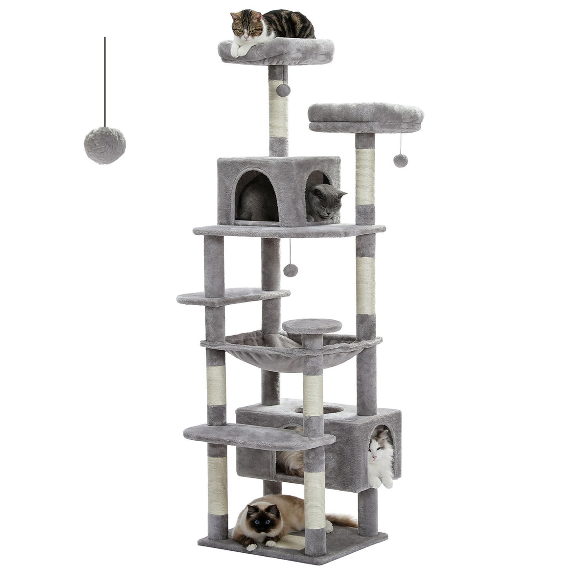 Tall Cat Tree with Dual Condos and Large Hammock – Grey — detail 2