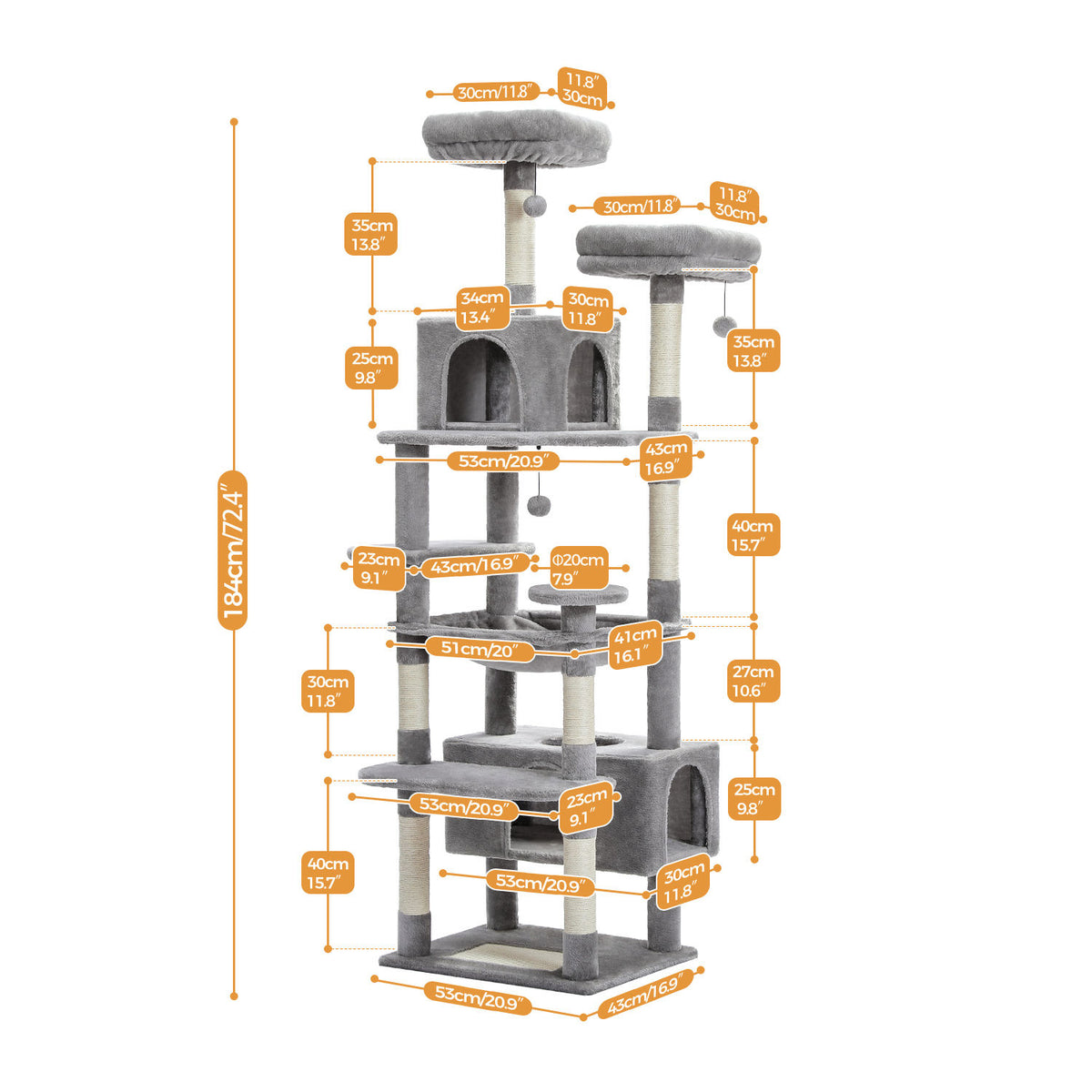 Tall Cat Tree with Dual Condos and Large Hammock – Grey — detail 3