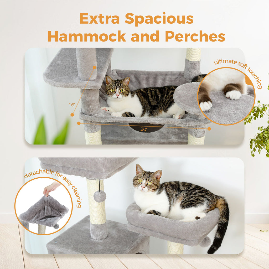 Tall Cat Tree with Dual Condos and Large Hammock – Grey — detail 4