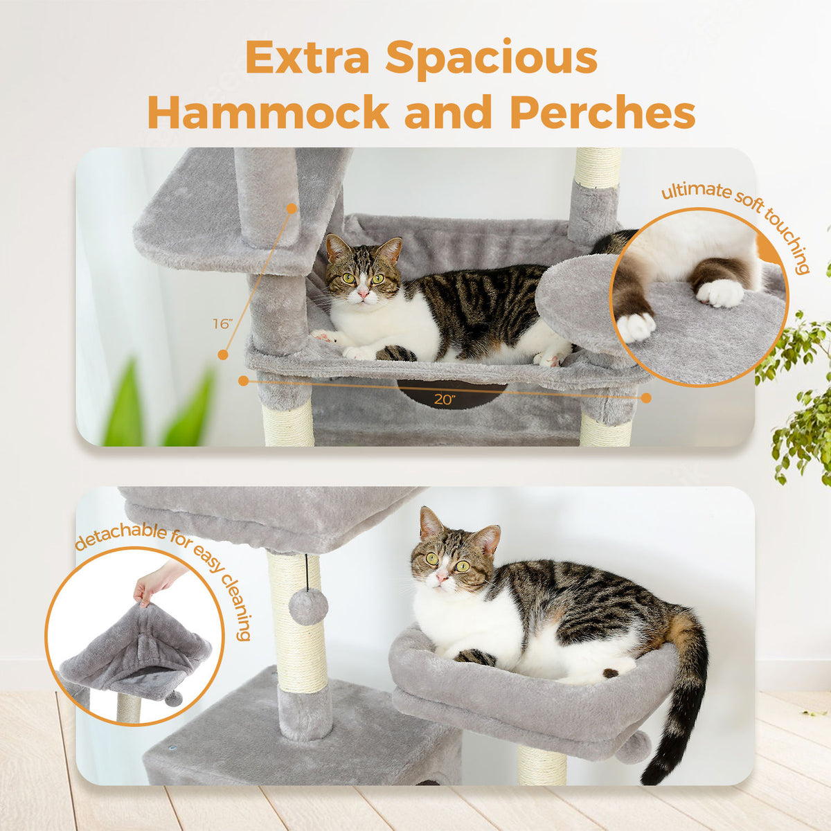 Tall Cat Tree with Dual Condos and Large Hammock – Grey — detail 4