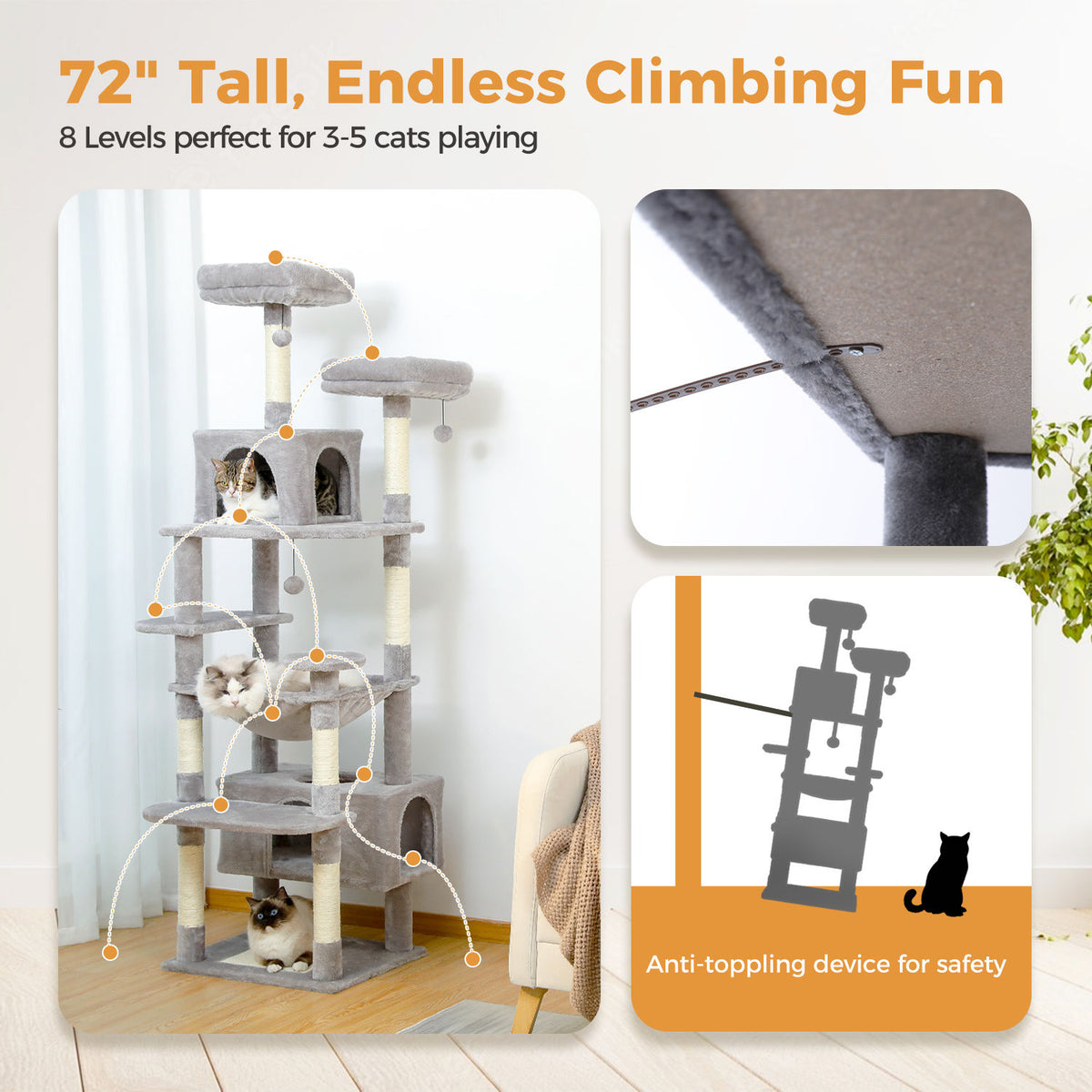 Tall Cat Tree with Dual Condos and Large Hammock – Grey — detail 5