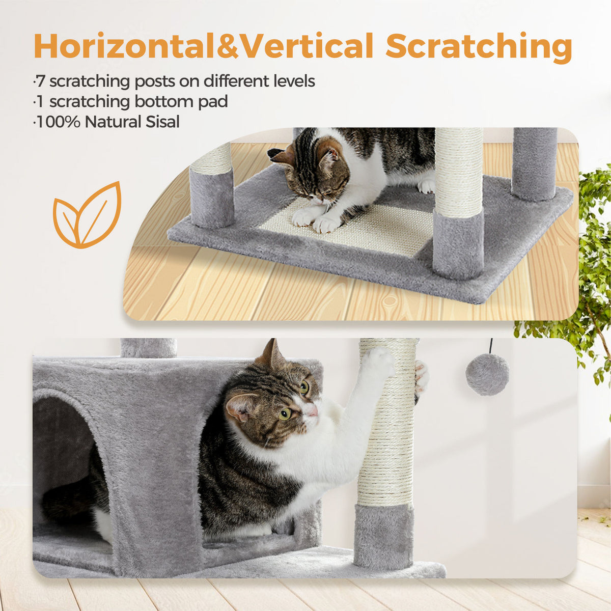 Tall Cat Tree with Dual Condos and Large Hammock – Grey — detail 6