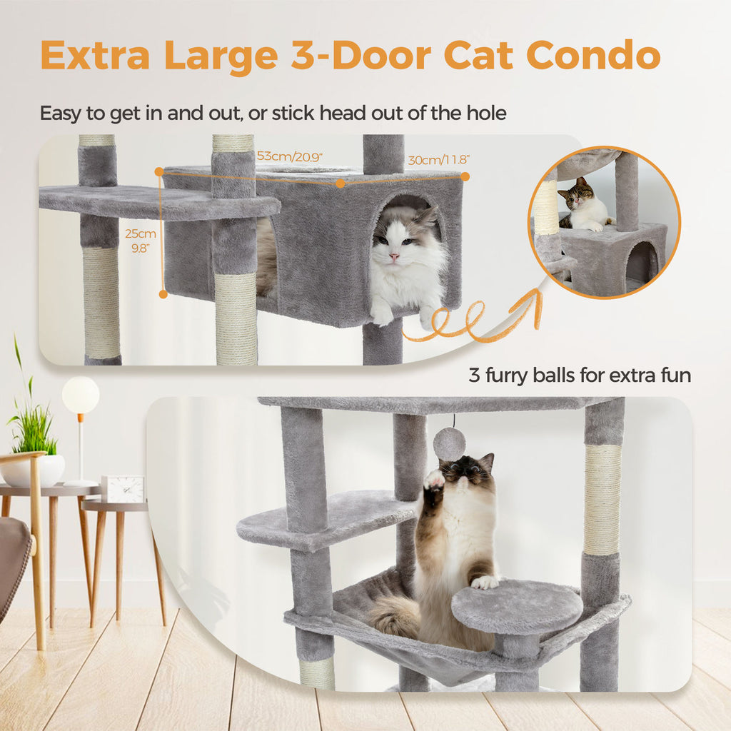 Tall Cat Tree with Dual Condos and Large Hammock – Grey — detail 7