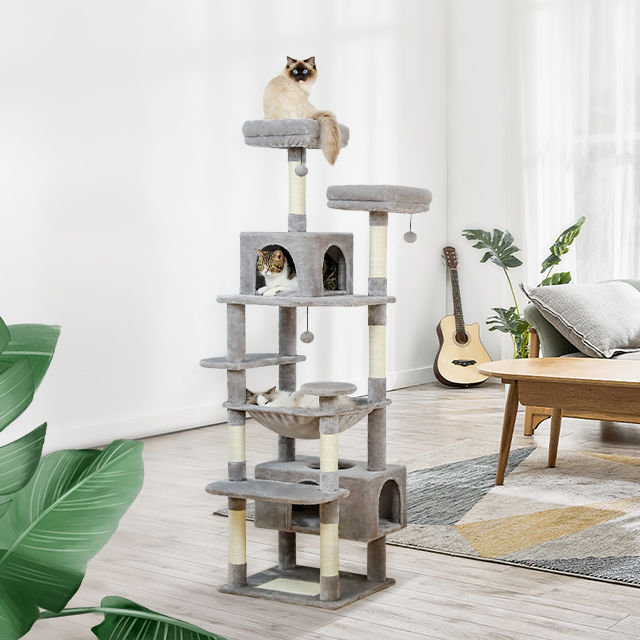 Tall Cat Tree with Dual Condos and Large Hammock – Grey — detail 8
