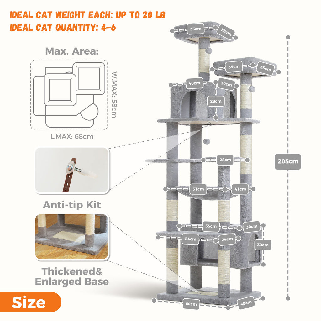 XL Tall Cat Tree with Dual Condos and Large Hammock – Grey — detail 3