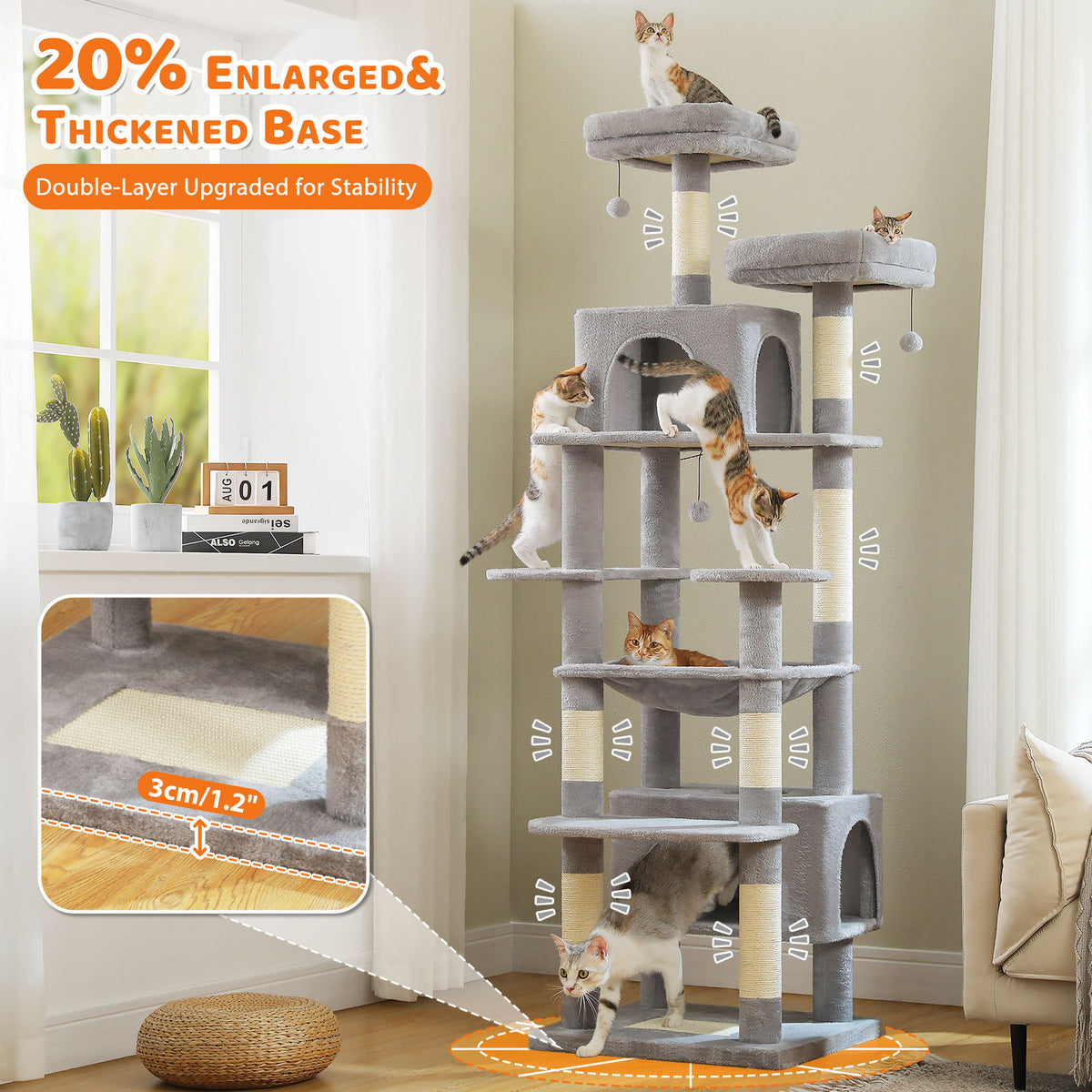 XL Tall Cat Tree with Dual Condos and Large Hammock – Grey — detail 4