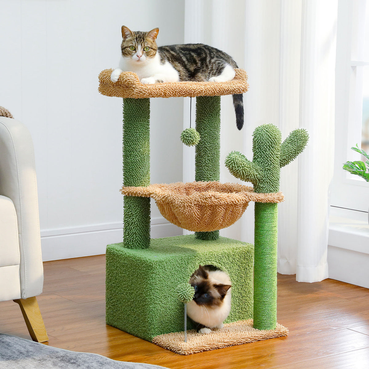 Cactus Cat Tree with Wide Perch and Hammock – Green — product view