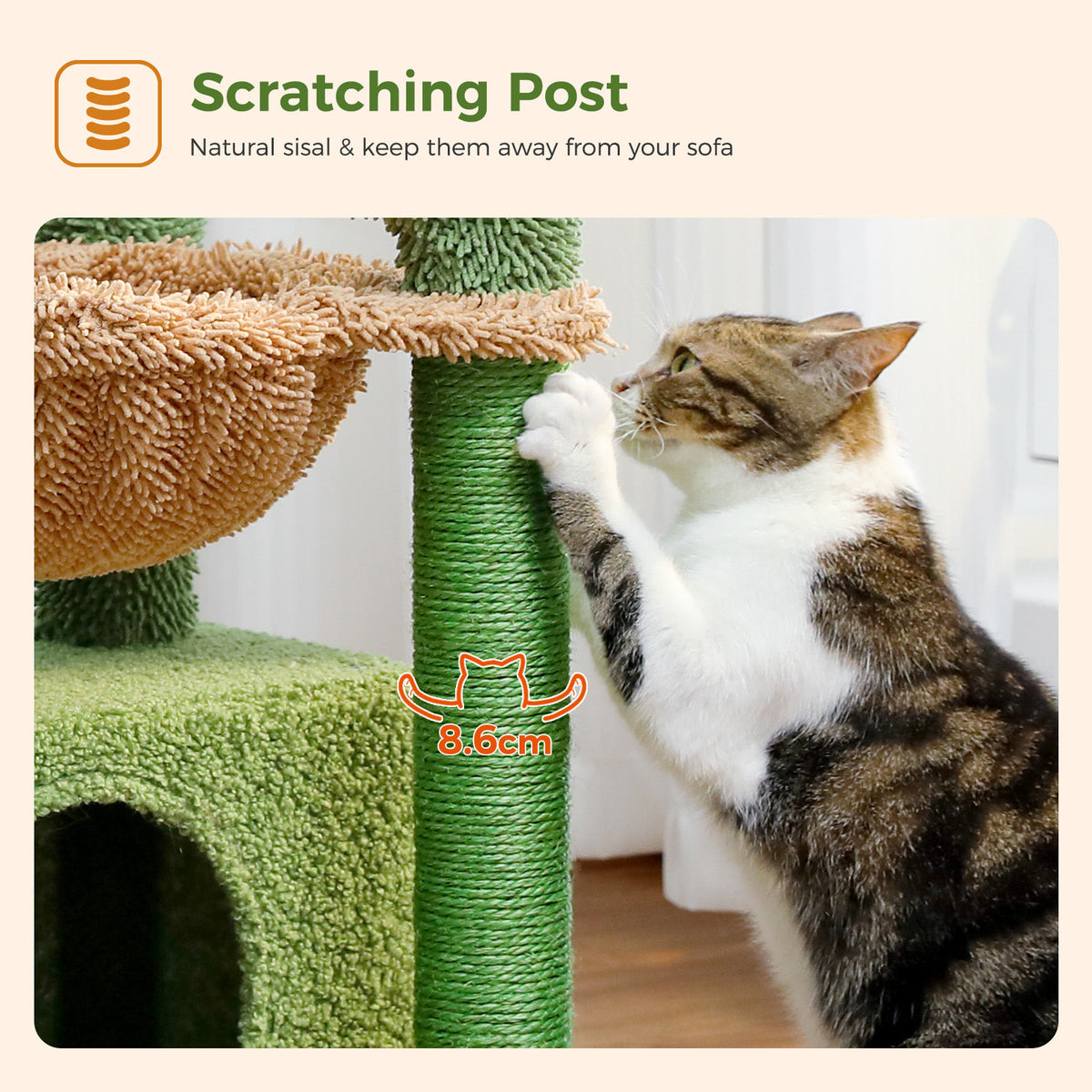 Cactus Cat Tree with Wide Perch and Hammock – Green — detail 5