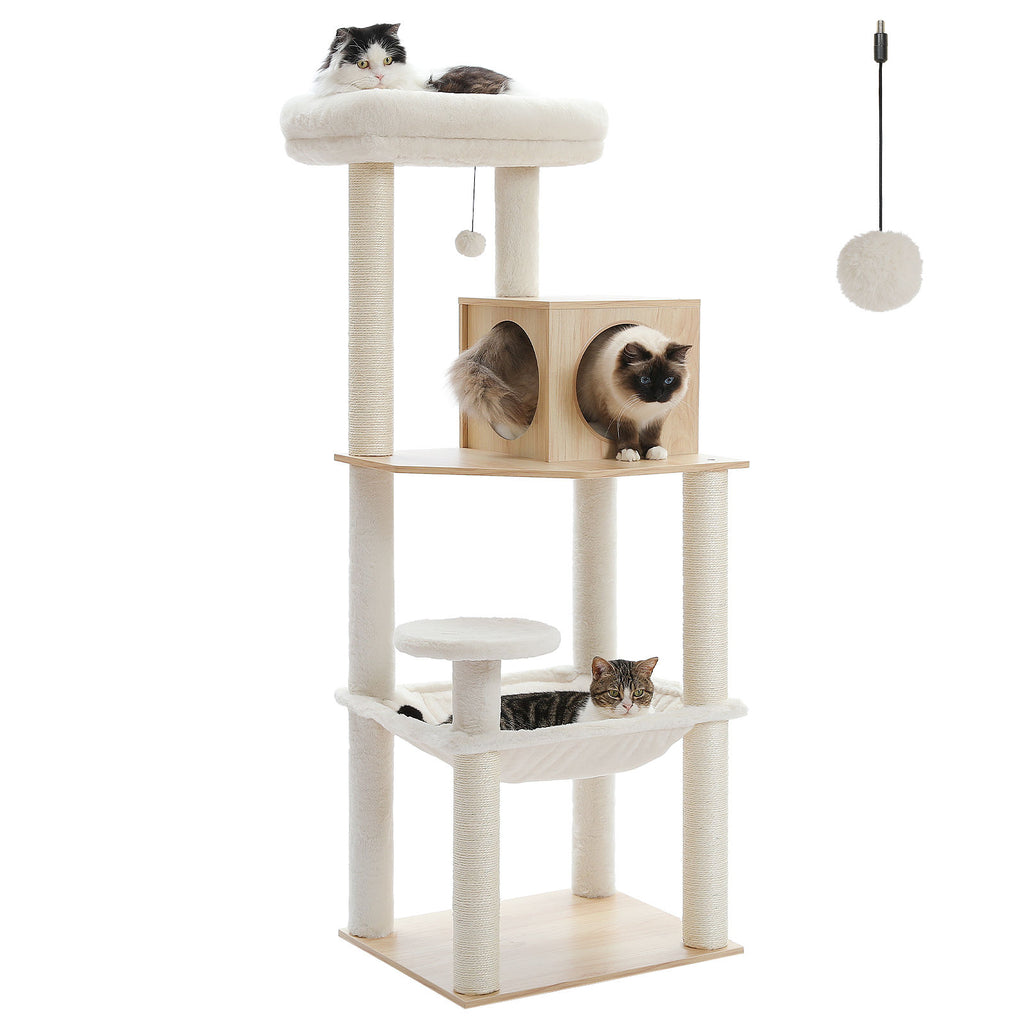Wood Cat Tree with Large Hammock – Beige — product view