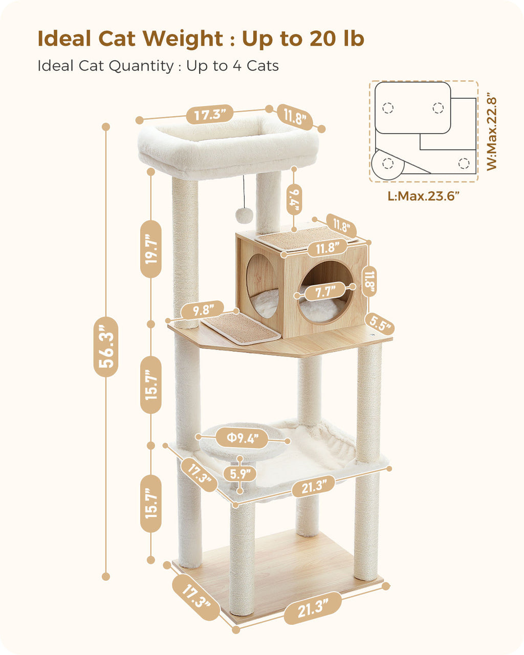 Wood Cat Tree with Large Hammock – Beige — detail 2