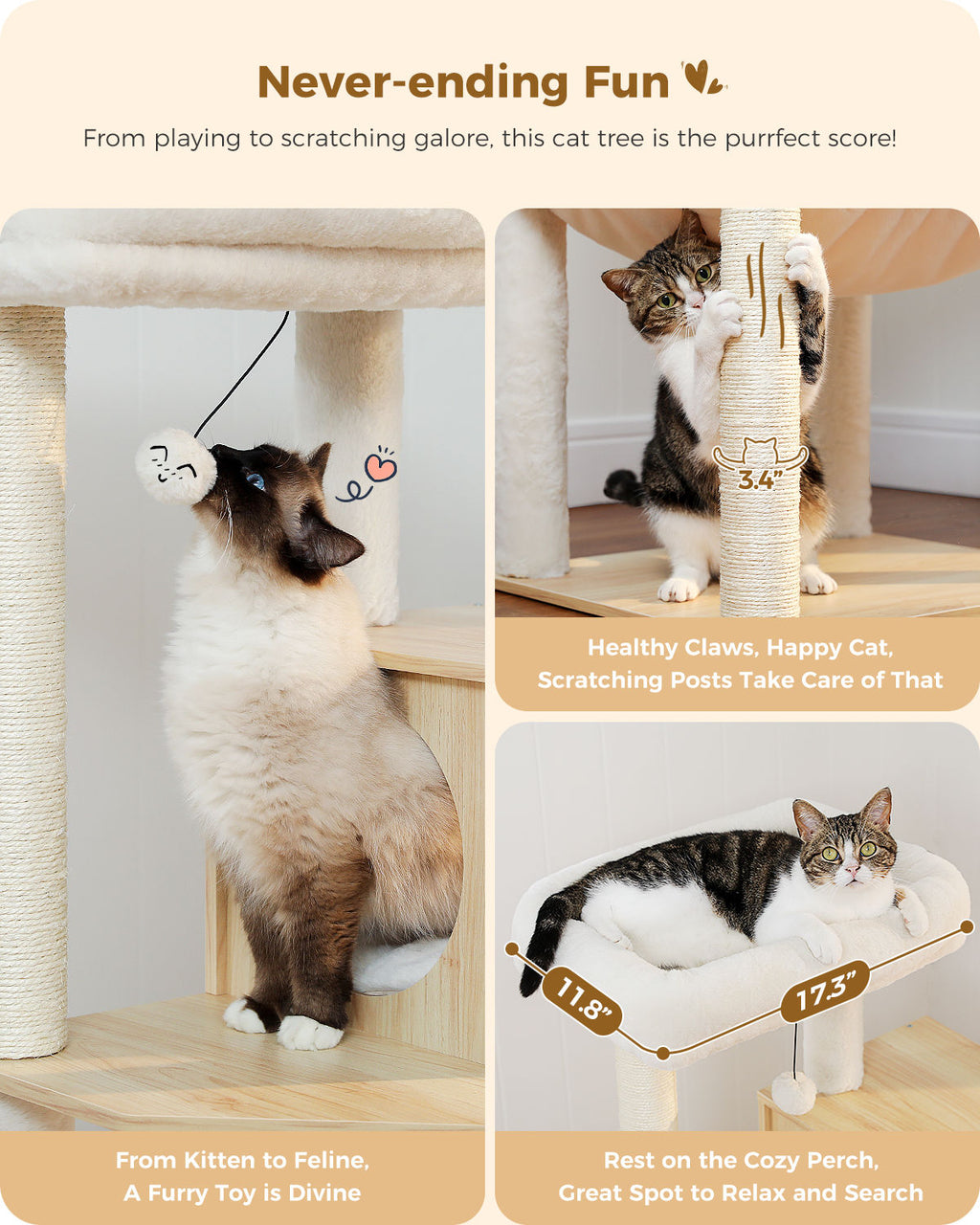 Wood Cat Tree with Large Hammock – Beige — detail 6