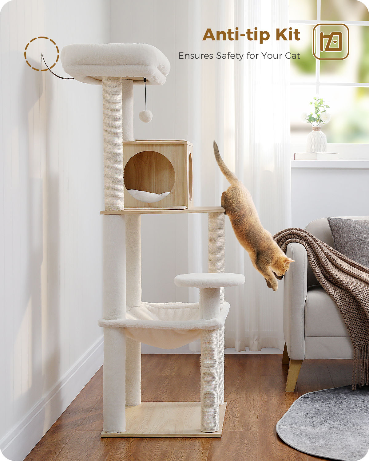 Wood Cat Tree with Large Hammock – Beige — detail 7