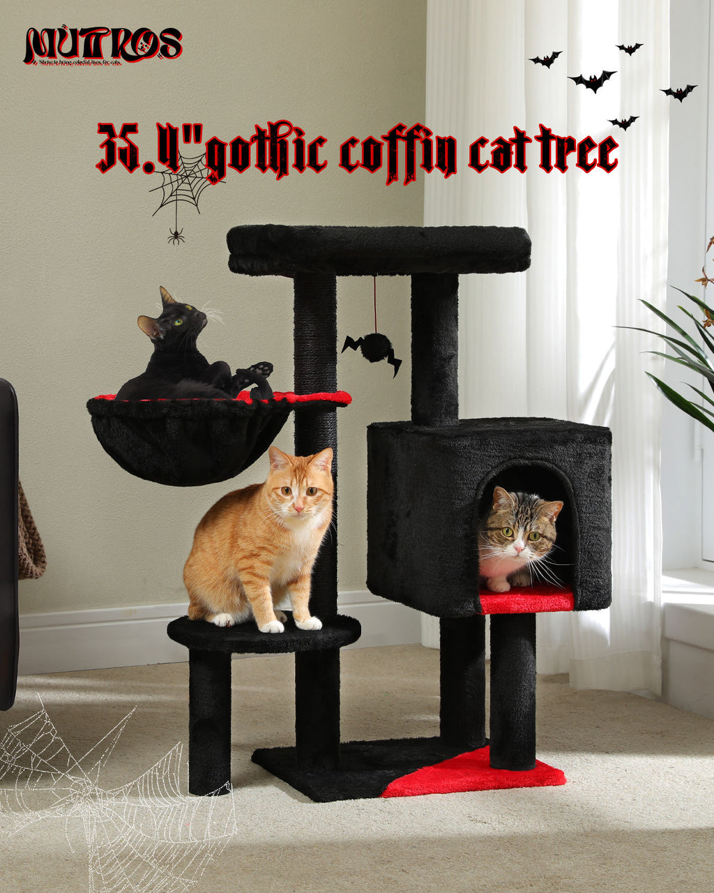Gothic Cat Tree with Coffin-Style Condo – Black — detail 3