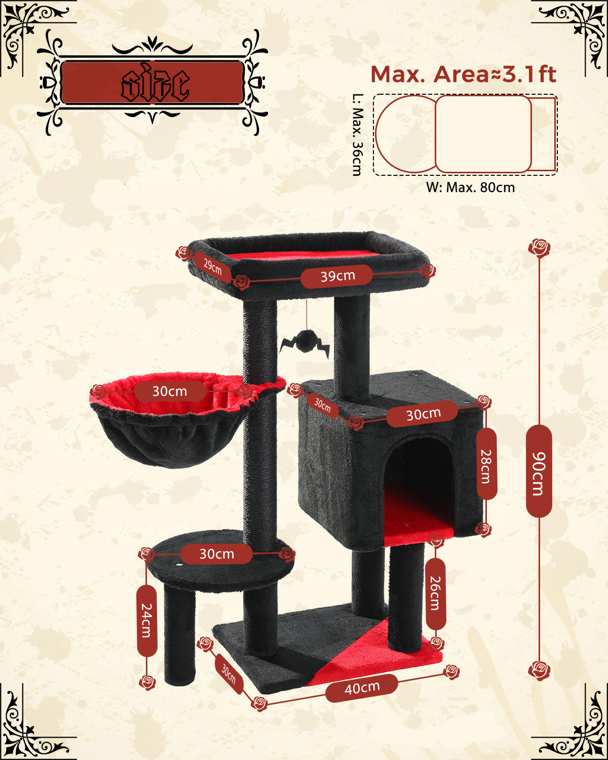 Gothic Cat Tree with Coffin-Style Condo – Black — detail 4