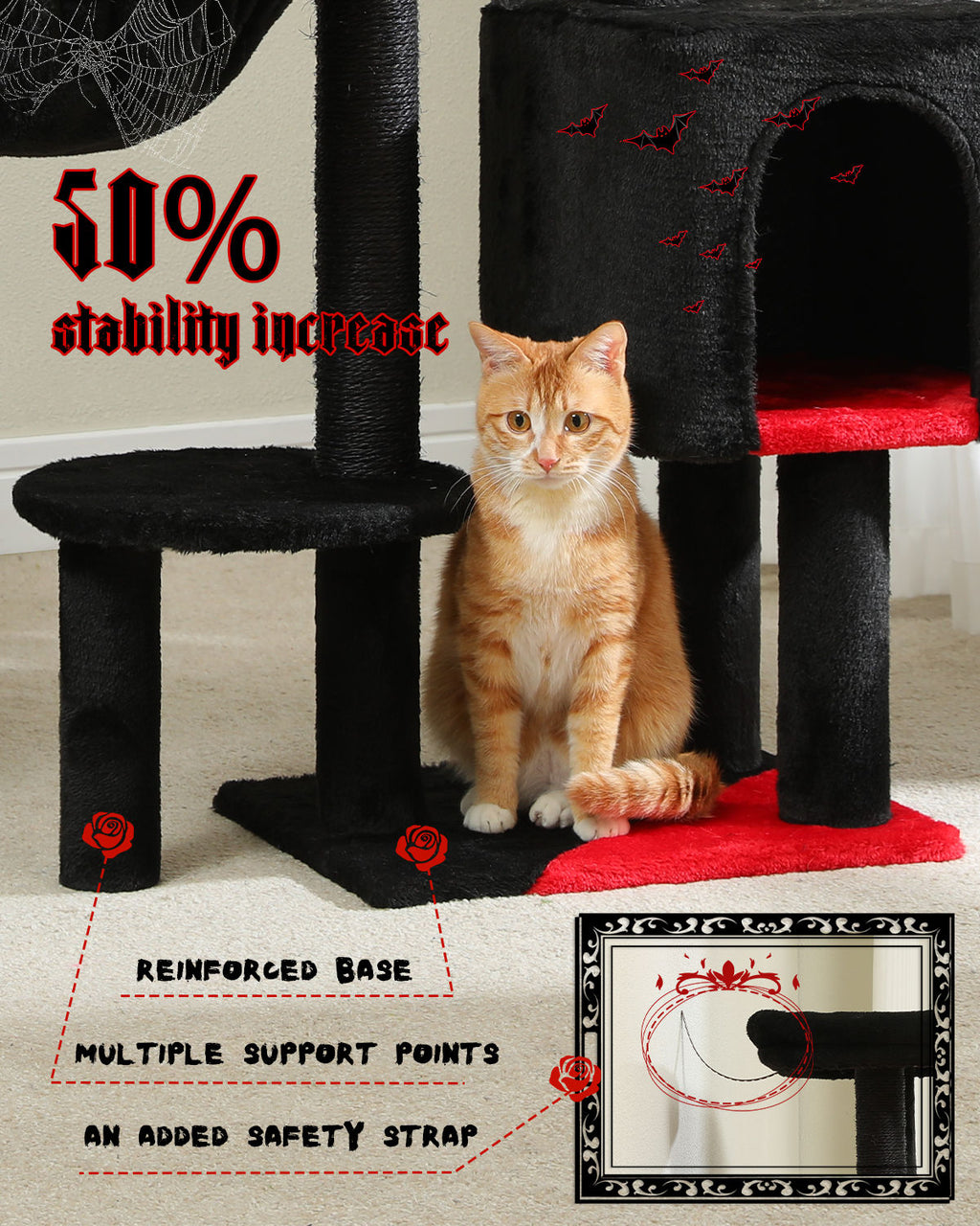 Gothic Cat Tree with Coffin-Style Condo – Black — detail 6