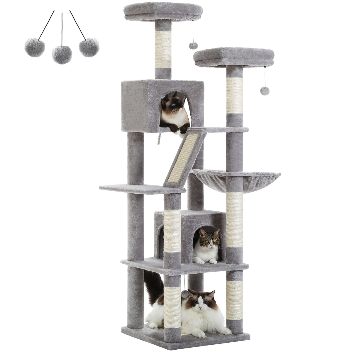 Tall Cat Tree with Dual Condos and Perches – Grey — product view