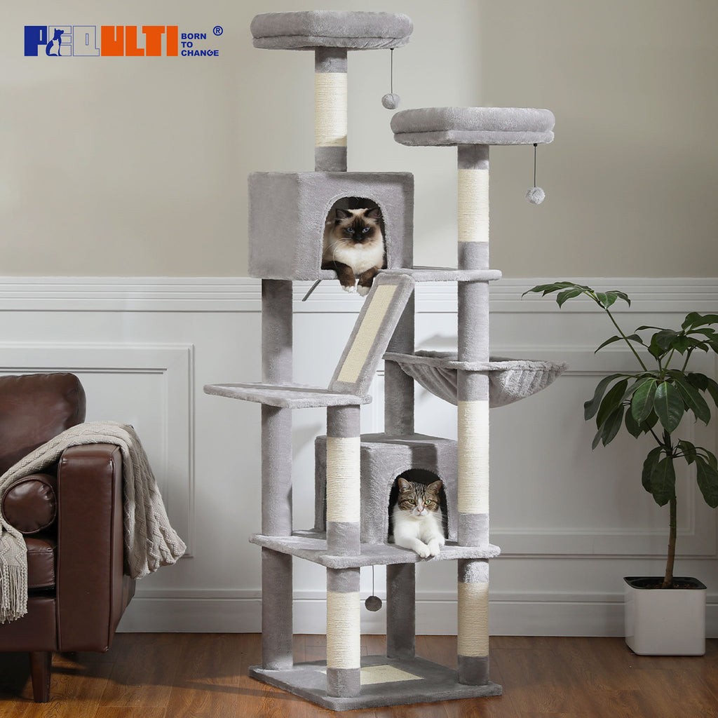 Tall Cat Tree with Dual Condos and Perches – Grey — detail 2