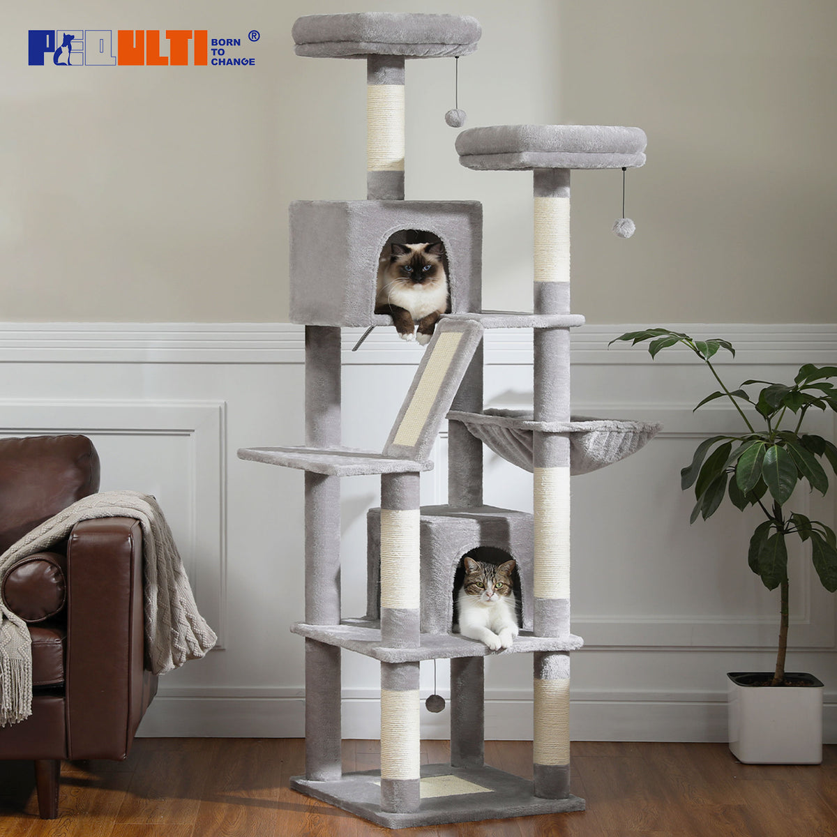 Tall Cat Tree with Dual Condos and Perches – Grey — detail 2
